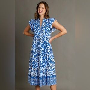 Umgee Full Size Two Tone Border Print Ruffle Cap Sleeve Midi Dress Plus Size